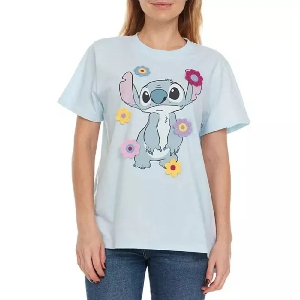 Disney Stitch Light Blue Shirt With 3D Felt Flowers Short Sleeves Women's Size S